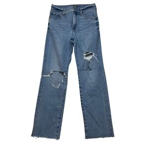 Express Jeans Womens 2 Petite Blue Modern Straight Super High Rise Distressed